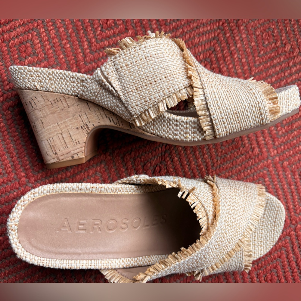 AEROSOLES Cream Woven Fringe Cork Block Heel Mules
